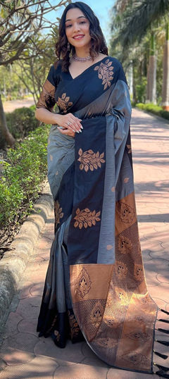 Festive, Traditional Black and Grey color Saree in Art Silk fabric with South Weaving work : 1966393