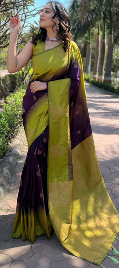 Festive, Traditional Green, Purple and Violet color Saree in Art Silk fabric with South Weaving work : 1966395