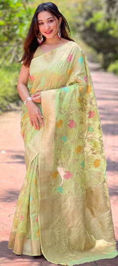 Green color Saree in Organza Silk fabric with Weaving, Zari work