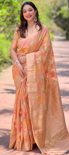 Orange color Saree in Organza Silk fabric with Weaving, Zari work