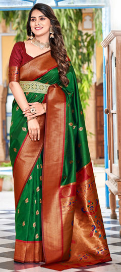 Green color Saree in Silk fabric with Weaving work