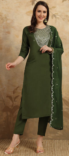 Green color Salwar Kameez in Chanderi Silk fabric with Embroidered, Sequence, Thread work