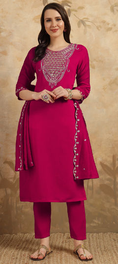 Pink and Majenta color Salwar Kameez in Chanderi Silk fabric with Embroidered, Sequence, Thread work