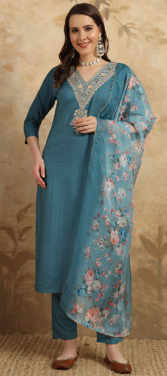 Blue color Salwar Kameez in Viscose fabric with Embroidered, Sequence, Thread work