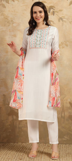 White and Off White color Salwar Kameez in Chanderi Silk fabric with Embroidered, Sequence, Thread work