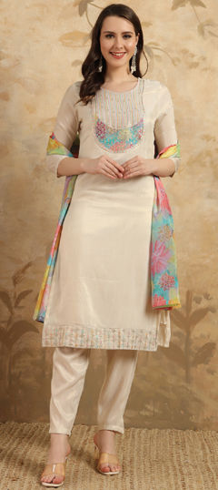 Beige and Brown color Salwar Kameez in Shimmer fabric with Embroidered, Sequence, Thread work