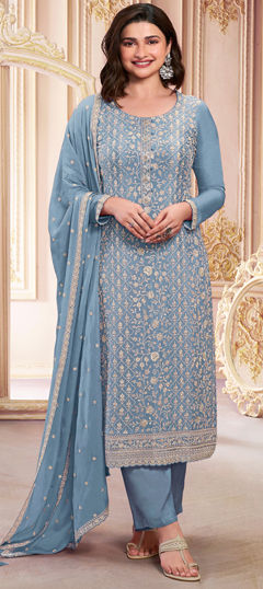 Bollywood Blue color Salwar Kameez in Georgette fabric with Straight Embroidered, Thread work : 1966551