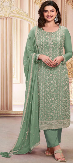 Bollywood Green color Salwar Kameez in Georgette fabric with Straight Embroidered, Thread work : 1966552