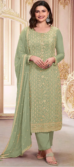 Bollywood Green color Salwar Kameez in Georgette fabric with Straight Embroidered, Thread work : 1966556