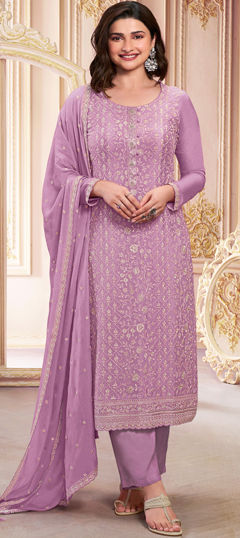 Purple and Violet color Salwar Kameez in Georgette fabric with Embroidered, Thread work