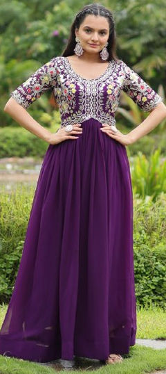 Purple and Violet color Gown in Faux Georgette fabric with Embroidered, Resham, Thread work