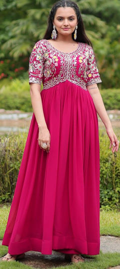 Pink and Majenta color Gown in Faux Georgette fabric with Embroidered, Resham, Thread work