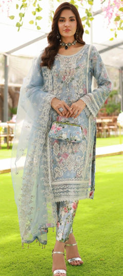 Blue color Salwar Kameez in Organza Silk fabric with Digital Print, Embroidered, Sequence work