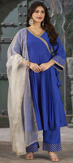 Festive, Reception Blue color Salwar Kameez in Art Silk fabric with Angrakha Embroidered, Lace, Thread work : 1966563