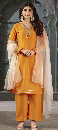 Festive, Reception Orange color Salwar Kameez in Art Silk fabric with Straight Embroidered, Lace, Thread work : 1966564