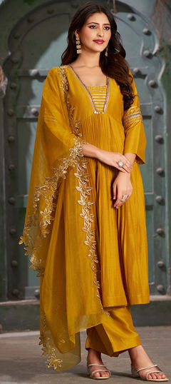 Festive, Reception Yellow color Salwar Kameez in Art Silk fabric with A Line Embroidered, Lace, Thread work : 1966566