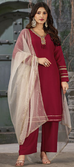 Festive, Reception Red and Maroon color Salwar Kameez in Art Silk fabric with Straight Embroidered, Lace, Thread work : 1966567