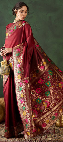 Red and Maroon color Saree in Art Silk fabric with Weaving, Zari work
