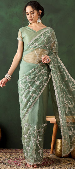 Festive, Reception Green color Saree in Shimmer fabric with Classic Embroidered, Stone, Thread work : 1966640