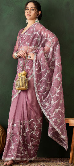 Festive, Reception Pink and Majenta color Saree in Shimmer fabric with Classic Embroidered, Stone, Thread work : 1966641