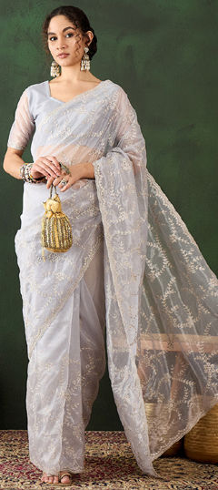 Festive, Reception Silver color Saree in Shimmer fabric with Classic Embroidered, Stone, Thread work : 1966642