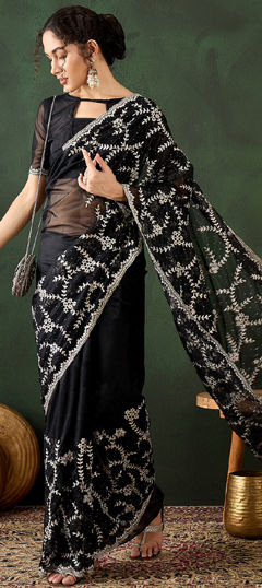 Black and Grey color Saree in Shimmer fabric with Embroidered, Stone, Thread work