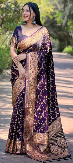 Purple and Violet color Saree in Art Silk fabric with Weaving work