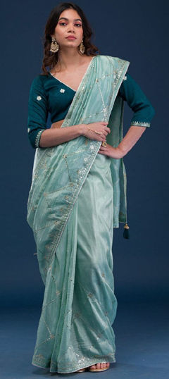 Green color Saree in Organza Silk fabric with Embroidered, Sequence work