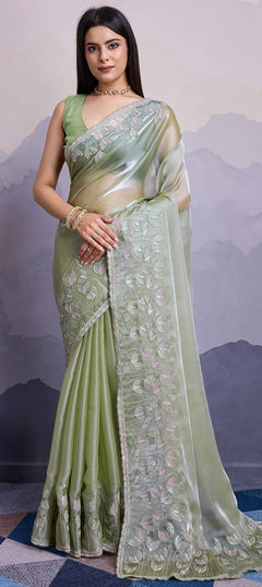 Green color Saree in Organza Silk fabric with Embroidered, Sequence work