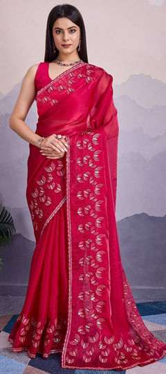 Pink and Majenta color Saree in Organza Silk fabric with Embroidered, Sequence work