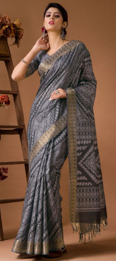 Black and Grey color Saree in Silk fabric with Floral, Printed work