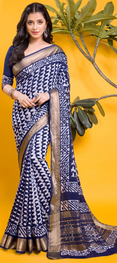 Blue, White and Off White color Saree in Chanderi Silk fabric with Printed work