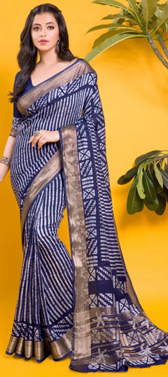 Casual Blue, White and Off White color Saree in Chanderi Silk fabric with Classic Printed work : 1966827