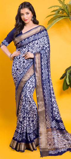 Blue, White and Off White color Saree in Chanderi Silk fabric with Printed work