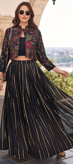 Black and Grey color Ready to Wear Lehenga in Art Silk fabric with Embroidered, Sequence, Thread work