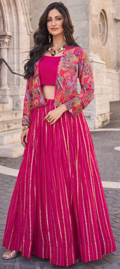 Pink and Majenta color Ready to Wear Lehenga in Art Silk fabric with Embroidered, Sequence, Thread work