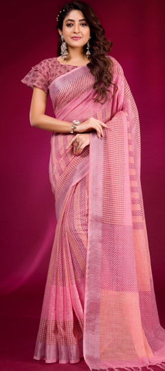 Pink and Majenta color Saree in Linen fabric with Printed work