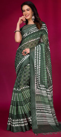 Green color Saree in Linen fabric with Printed work