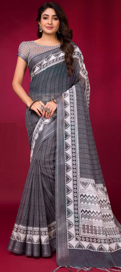 Black and Grey color Saree in Linen fabric with Printed work