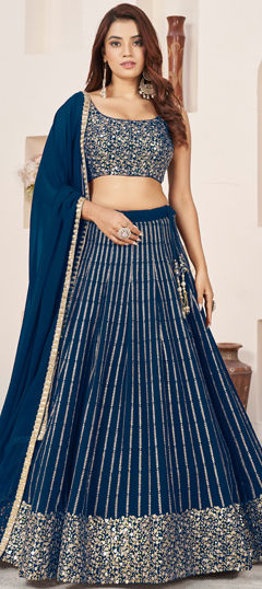 Blue color Lehenga in Georgette fabric with Embroidered, Sequence, Thread, Zari work