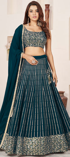 Green color Lehenga in Georgette fabric with Embroidered, Sequence, Thread, Zari work