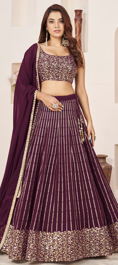 Red and Maroon color Lehenga in Georgette fabric with Embroidered, Sequence, Thread, Zari work