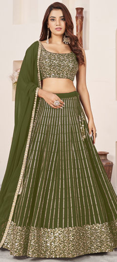 Green color Lehenga in Georgette fabric with Embroidered, Sequence, Thread, Zari work