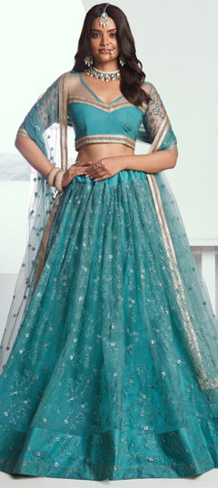 Green color Lehenga in Net fabric with Embroidered, Sequence, Thread work