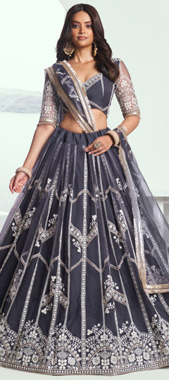 Engagement, Mehendi Sangeet, Wedding Black and Grey color Lehenga in Net fabric with Flared Embroidered, Sequence, Thread work : 1966878