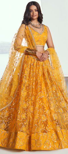 Engagement, Mehendi Sangeet, Wedding Yellow color Lehenga in Net fabric with Flared Embroidered, Sequence, Thread work : 1966879