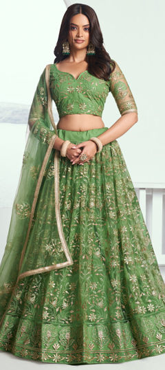 Green color Lehenga in Net fabric with Embroidered, Sequence, Thread work