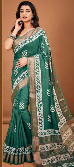 Green color Saree in Chanderi Silk fabric with Printed work