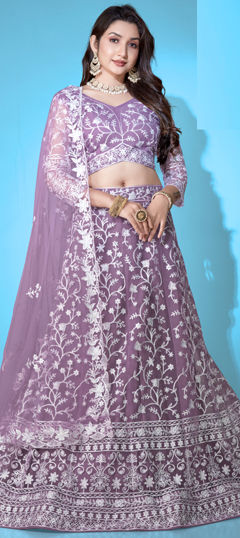 Festive, Reception Purple and Violet color Lehenga in Net fabric with Flared Embroidered, Thread work : 1966882