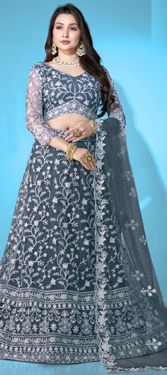 Festive, Reception Black and Grey color Lehenga in Net fabric with Flared Embroidered, Thread work : 1966883